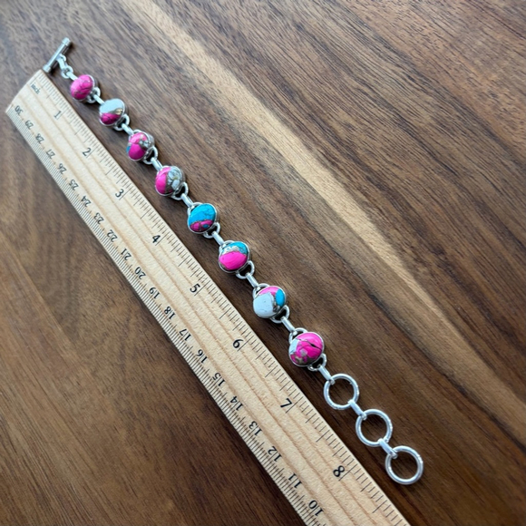 Genuine Cotton Candy Dahlia Turquoise Gemstone Bracelet Pink Blue Oval New 925 - Picture 4 of 6